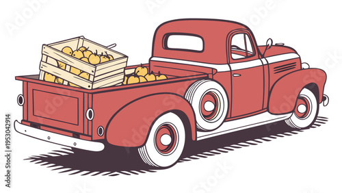 Vintage red pickup truck loaded with wooden crate of apples