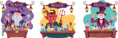 Cartoon fantasy magic shop characters wizard devil and magician with potions bottles colorful stalls cute vector illustration collection set