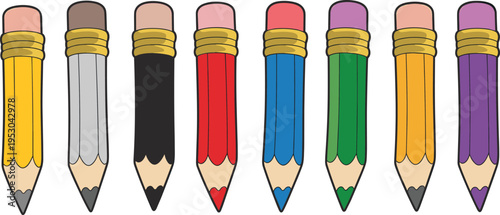 Cartoon colorful pencils set with different colors and erasers school supplies drawing tools isolated vector illustration collection pack for kids design