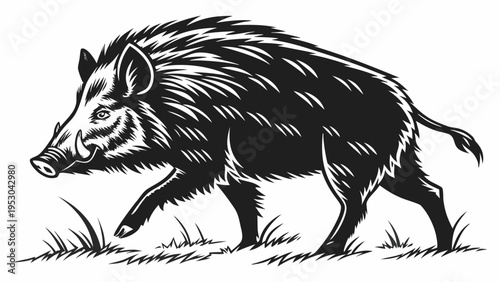 Powerful wild boar black and white vector illustration walking in grass