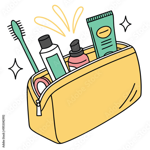 Cute cartoon toiletry bag with personal care items vector illustration