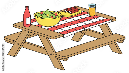 Outdoor picnic table with red checkered cloth bowl of salad and fresh drinks vector illustration scene