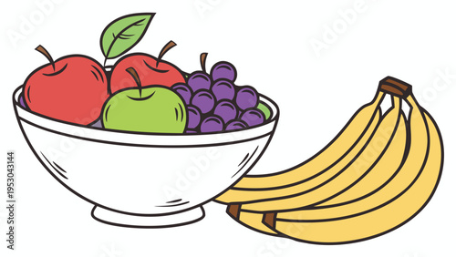 Bowl of mixed fruits and bunch of bananas, healthy food illustration, still life