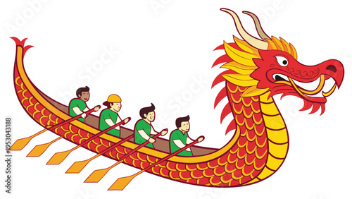 Traditional dragon boat with rowers illustration for chinese tuen ng festival culture and sport events