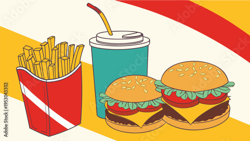 Fast food meal with cheeseburgers french fries and soda drink in paper cup for restaurant menu concept