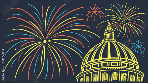 Fireworks bursting over a classic cathedral dome at night vector celebration illustration