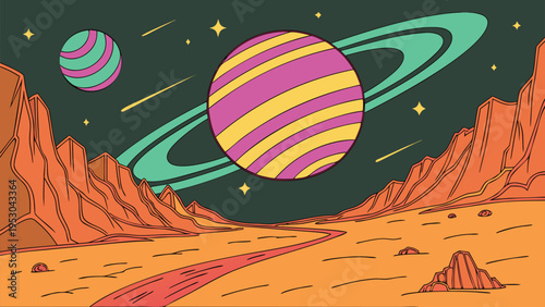 Psychedelic alien landscape with striped planets and shooting stars in retro sci-fi style