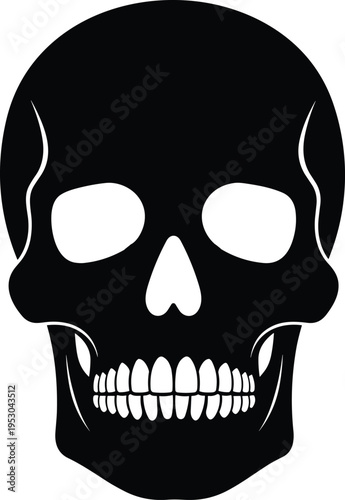 Black human skull vector illustration, anatomical silhouette with teeth, isolated on white background, gothic design element, spooky cranium graphic.