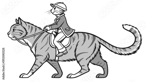Whimsical cat jockey riding giant cat illustration for fictional animal fun