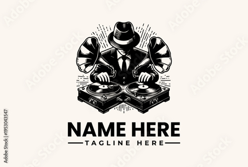 A black and white illustration of a suited man wearing a hat and tie, operating a DJ setup with turntables and speakers, against a clean background with a bold, graphic design style and
