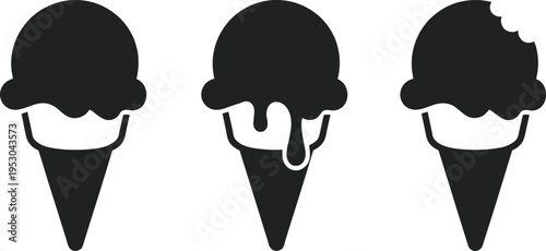 Black ice cream cone silhouettes, melting scoop and bitten dessert icons, sweet summer treats isolated on white background,