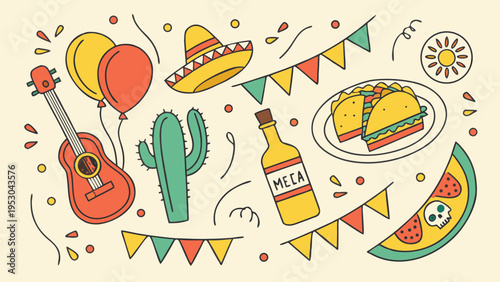 Mexican fiesta elements with guitar, sombrero, cactus, tacos, and balloons