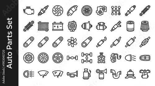 Collection of automotive spare parts icons in a clean line art style for design