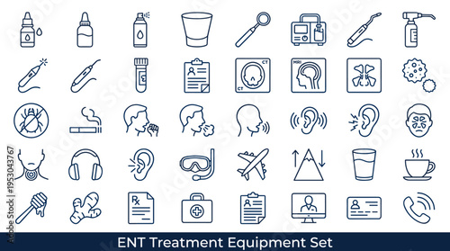 Collection of ENT treatment equipment and related icons for medical and health concepts