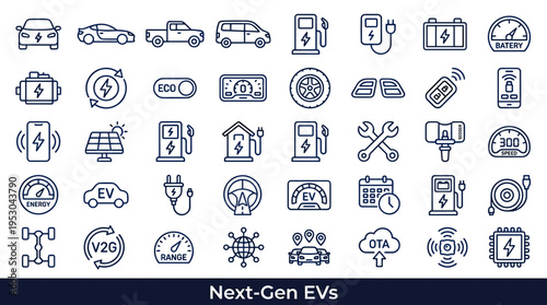 Collection of electric vehicle icons representing charging, battery, and technology