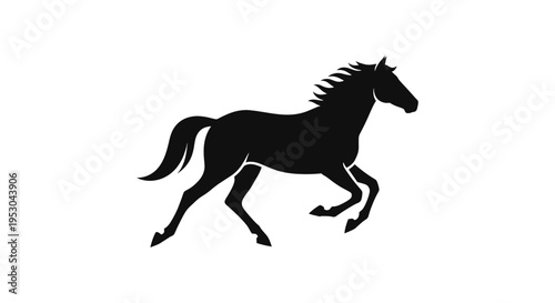 A Dynamic Black Vector Icon of a Galloping Stallion with a Flowing Mane and Tail, Symbolizing Speed, Freedom, Power, and Equestrian Excellence for Branding.
