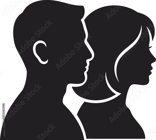 Black man and woman silhouette icon, minimalist couple avatar profile, human head side view symbol, vector illustration, isolated on white background, people person element