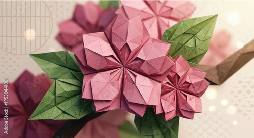 Close-Up Origami Sakura Flower Background, Close-Up Vector Illustration of Pink Origami Cherry Blossoms and Green Leaves for Spring Design (伝統的な和柄を背景にした、立体的な折り紙の桜の花と緑の葉の美しいベクターイラスト。春のデザインに最適。)