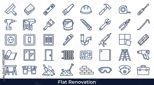 Collection of flat design icons representing tools and materials for home renovation and construction