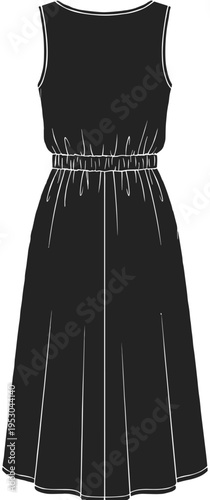 Black midi dress technical sketch, sleeveless round neck garment, elastic waist detail, fashion design template, casual summer apparel, clothing vector illustration
