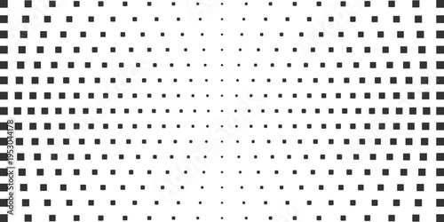 Abstract background with black square halftone pattern. Gradient grid composed of geometric shapes. Modern decorative texture, pixel distortion effect, digital art graphic design. Vector illustration