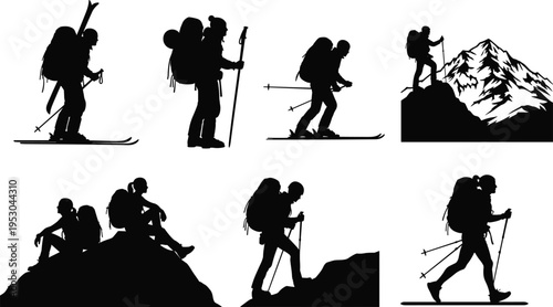 Black mountain climbing silhouettes, hiking and skiing adventure icons, outdoor explorers with backpacks on peak, extreme winter sports nature scene,