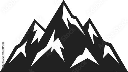 Black mountain range icon, jagged rocky peaks, snowy summit nature landscape, wilderness adventure, climbing hiking, alpine scenery vector illustration