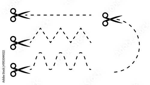 Scissors with dotted cut right, wave, zigzag and circle lines. Graphic symbol set for paper craft, coupon design and scrap booking. Vector illustration