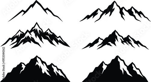 Black mountain range silhouettes, jagged rocky peaks, nature outdoor landscape icons, wilderness adventure, climbing hiking, alpine scenery vector illustration