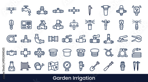 Collection of garden irrigation system components and tools in line art style