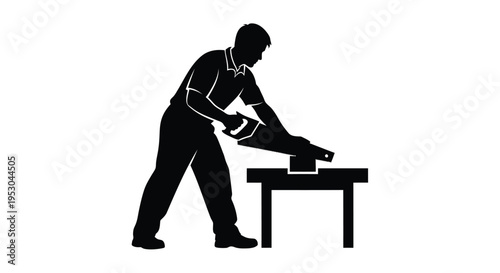 Black silhouette of a man working on a table with a jigsaw puzzle, vector icon