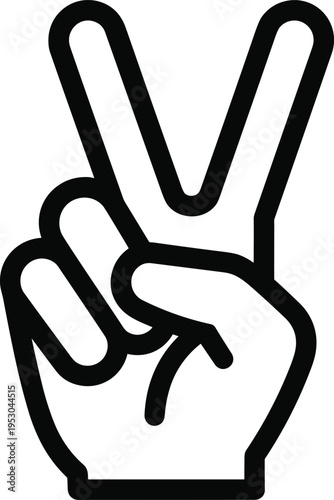 Black outline victory hand sign for peace symbol, success gesture, two fingers raised, positive win celebration, freedom hope,