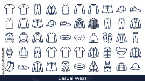 Collection of casual wear icons for men and women, diverse clothing and accessories