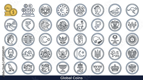 Collection of global currency symbols and national emblems on coins