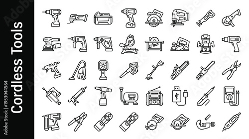 Collection of cordless power tools and equipment icons on a white background