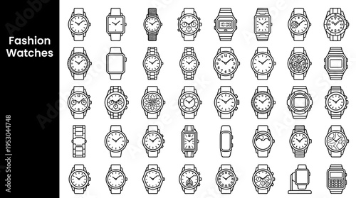 Collection of diverse fashion watches and timepieces in a clean line art style