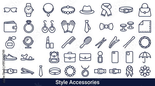 Collection of fashion and style accessories icons for personal adornment and utility