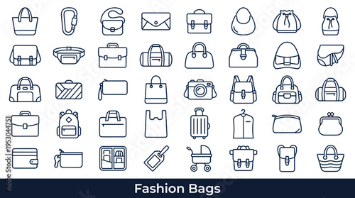 Collection of fashion bags and accessories icons in a clean outline style