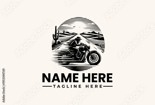 A black and white illustration of a motorcyclist riding through a desert landscape with cacti and mountains, featuring a logo template with placeholder text on a beige background.