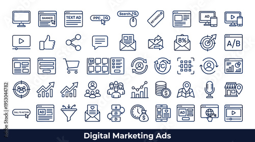 Digital marketing and advertising icons collection for online business growth and strategy
