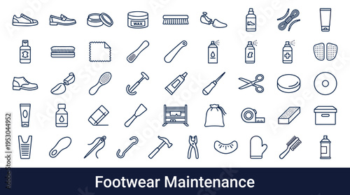 Collection of footwear maintenance and repair tools and supplies icons