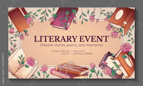 Bild auf Leinwand Vector illustration of frame from books and roses