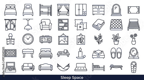 Stylish line art bedroom and furniture icons for sleep space design