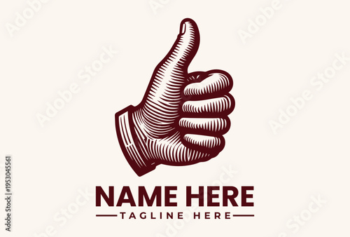 A red vector illustration of a thumbs-up hand with a placeholder text 'NAME HERE' and 'TAGLINE HERE' on a beige background, featuring a logo and icon design.