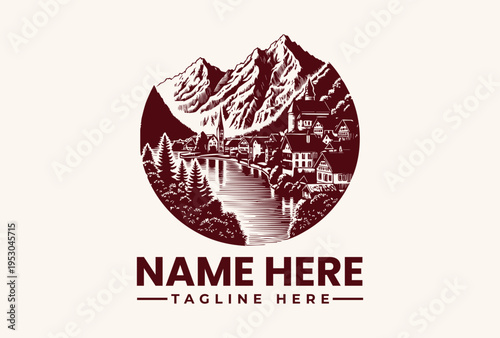 A maroon-colored illustration of a mountainous landscape with a river and buildings, serving as a logo or pictogram with space for a name and tagline in a circular format.