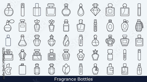 Collection of various outline fragrance and perfume bottles in a grid layout