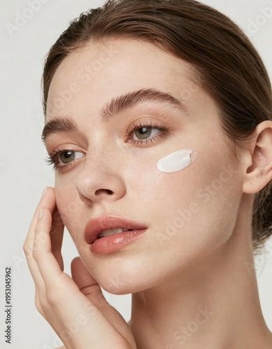 Un gros plan d'une élégante Française appliquant de la crème sur son visage, avec des yeux bleus, des taches de rousseur et des lèvres pulpeuses, révèle une beauté naturelle et sophistiquée