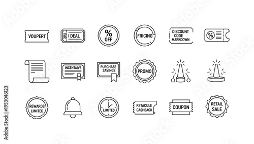 Deal voucher coupon, percent off circle, pricing markdown ticket, online discount code box, incentive certificate scroll, purchase