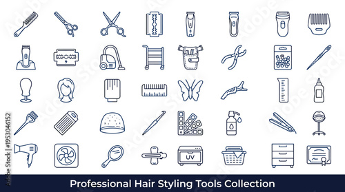 Collection of professional hair styling and barber tools icons in a clean line art style