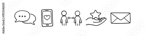 Hand-drawn set of communication and social media icons featuring speech bubbles, mobile heart, connected people, hand with star rating, and mail envelope. Minimalist doodle style on white.